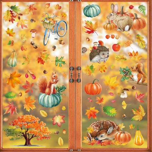 YIHELU Pegatinas Ventana de Acción Gracias Otoño Decoración, Pegatina de Decoración, Etiqueta Ventana de Acción Gracias, Hojas Arce Otoñal Pegatinas de Ventana (Pegatinas Otoño-d)