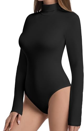 ONEW Body de manga larga para mujer con cuello alto, manga larga, cuello alto, bodysuit top básico, Negro , L