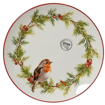 Kaemingk Plato de desayuno de porcelana de 19,5 cm, 1 unidad, plato con diseño de pájaro, vajilla de Navidad, vajilla para Navidad, vajilla de desayuno, plato de cena, color blanco y rojo
