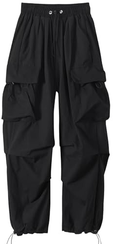DOINEUFL Cargo Trousers Women High Waist Baggy Pants with Pockets – Elastic Fabric Streetwear Casual Outdoor Loose Fit Y2k Trousers for Daily Wear and Hip Hop Style (UK, Alpha, L, Regular, Regular)