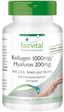 fairvital Hyaluronsäure Kollagen Komplex, 180 Kapseln, Angereichert mit Biotin, Selen, Zink, Vitamin C aus Acerola, qualitätsgeprüft und hochdosiert, Made in Germany