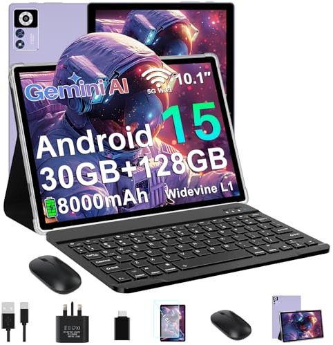 Tablet 10 Inch Android 15, 30GB RAM+128GB ROM (TF 2TB), 5G WiFi Tablets,Gemini AI/Widevine L1/8000 mAh/Octa-Core 2.0 GHz/Bluetooth 5.0/GPS/Face ID/2-in-1 Tablet with Mouse and Keyboard - Purple