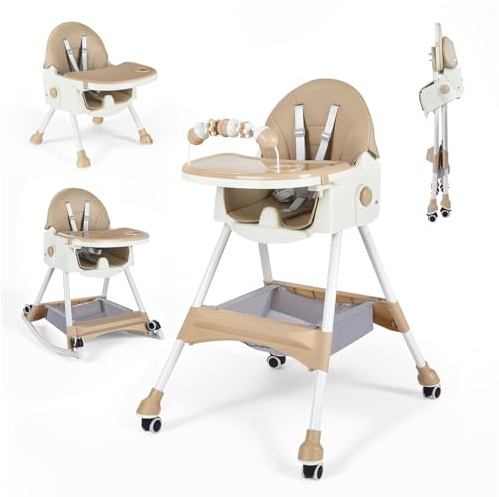 Baby High Chair, 6-in-1 Convertible Highchairs,Foldable and Adjustable High Chair Babies with Removable Tray, Safety Belt, Footrest and Wheels, Growing from 6 Months to 6 Years Baby Chair
