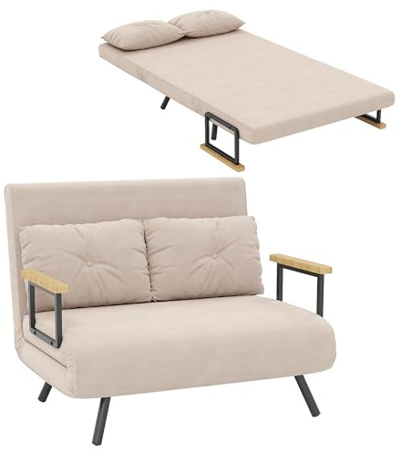 HOMCOM 4 in 1 Divano Letto 2 Posti, con Schienale Regolabile in 5 Posizioni, Divano Letto Matrimoniale Pieghevole con 2 Cuscini, Seduta Imbottita, in Velluto per Casa e Ufficio, 102x73x81 cm, Beige