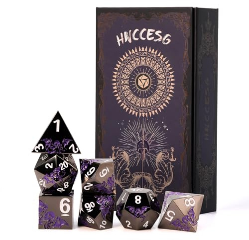 Set Dadi in Metallo–Design Polpo,7 Pezzi D4 D6 D8 D10 D12 D20 D00,Dadi Poliedrici Premium per RPG e Giochi da Tavolo,Scatola Regalo Magnetica (Nero Viola)