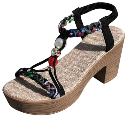 Plattform kil sandaler för kvinnor tjocka block låga klackar bohemiska sandaler elastisk ankelrem plattform uppklädd sandal öppen tå bekväma sommarklackar semester sommarskor, Svart, 39.5 EU