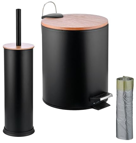 Relaxdays Badrumsset, papperskorg och toalettborste, kosmetisk hink 5 l, soppåse, toalettborsthållare, järn och bambu, svart/natur