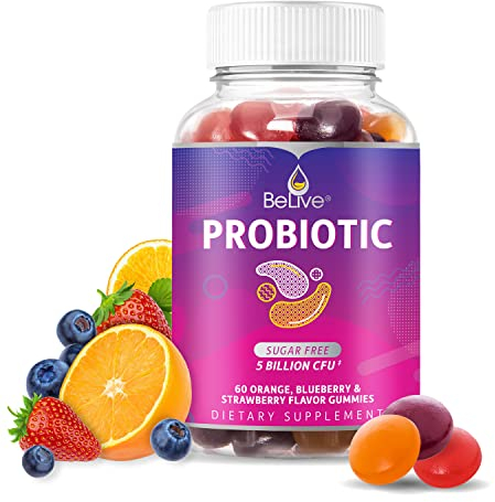 BeLive Probiotic Gummies - Probiotics with 5 Billion CFUs for Digestive Health, Men, Women & Kids - for Immune Support, Sugar Free & Vegan | 60 Ct – Blueberry, Strawberry & Orange (60 Count)