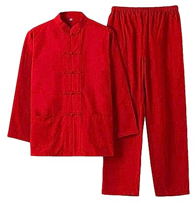 ZooBoo Chinese Martial Arts Suit - Chinese Traditional Tang Suit Costume Kung Fu Uniforms Long Sleeve Jacket Suits Shirt and Pant Outfit Uniforms for man - Pure Cotton (L, Red)