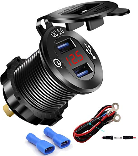 Chargeur USB 3.0 à Charge Rapide - Double Prise USB pour Voiture - Étanche - Adaptateur Allume-Cigare - 36 W - Charge Rapide avec voltmètre LED - pour Bateau, Moto, VTT, Bus, Camion (Noir)