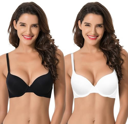 Curve Muse Women's Light Lift Add 1 Cup Push Up Underwire Convertible Tshirt Bra-2PK-Black,White-44C (EU:100C)