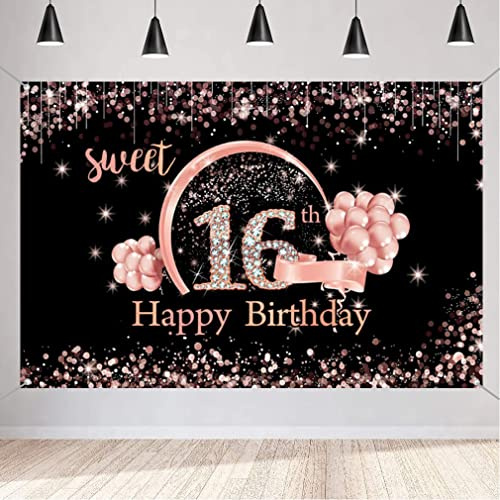 16. Födelsedagsflicka dekoration, söt 16-årsdag banderoll svart och roséguld, tygskylt 16 födelsedag affisch, söt 16-årsdagen födelsedagsdekoration