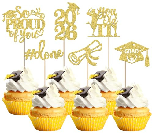 24 Stück 2026 Abschluss Tortendeko, 2026 Graduation Cupcake Toppers So Proud of You Kuchen Deko Grade Cap Torten Dekorationen für 2026 Abschluss Party Kuchen Dekoration Gold