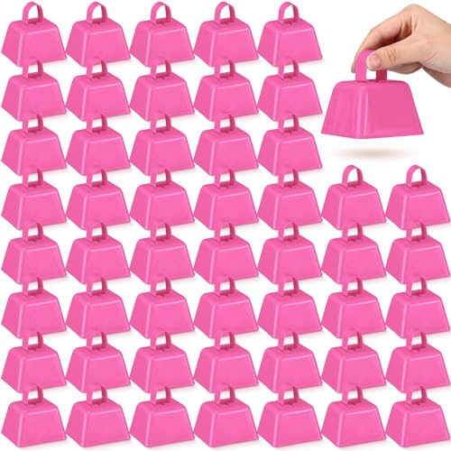Lukmaa 50 Pcs Cowbells Bulk Small Metal Cow Bells with Handle 3 x 2.4 x 3 Inch Novelty Noise Maker for Valentines Weddings Graduation Party Sporting Events Team Cheering Gifts(Pink)