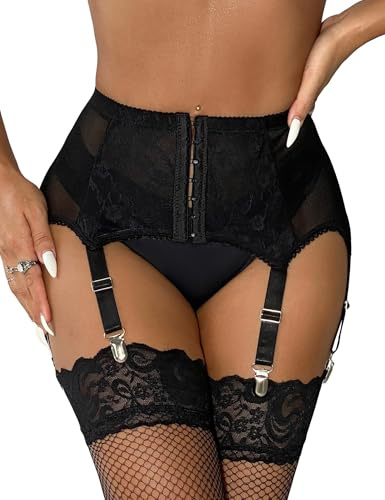 comeondear Reggicalze Donna Hot Taglie Forti Reggicalze Vita Alta Curvy Giarrettiera da Donna Pizzo con 6 Clip Regolabili per Calze Autoreggenti Guepiere Trasparente Laccio Elastica Nero 3XL-4XL