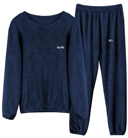 LACOFIA Women Men Pyjamas Sets Warm Fleece Loungewear Ladies Pjs Long Sleeve Nightwear Winter Couples Pajamas Navyblue 2XL