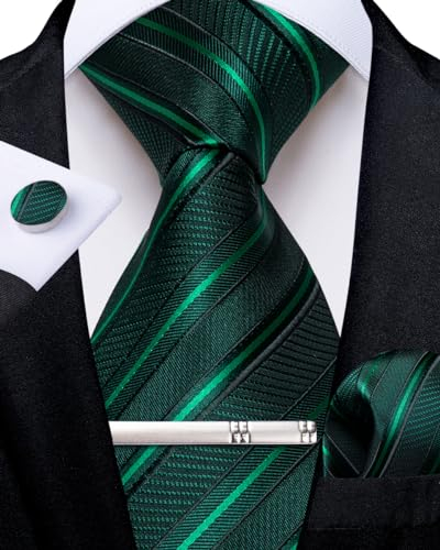 DiBanGu Grün Gestreift Krawatten und Taschentuch-Set für Männer Smaragdgrün Krawatte mit Manschettenknopf-Krawattenklammer für Hochzeit Formell
