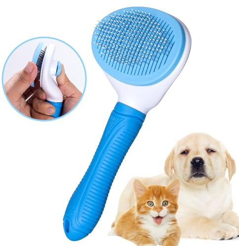 Self Cleaning Slicker Brush for Pet Grooming - Removes Loose Undercoat and Sheds, Suitable for Long and Short Hair Cats and Dogs, with Massaging Bristles