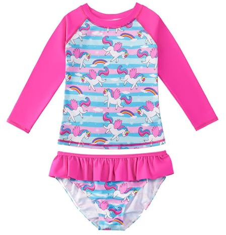 Maillot de Bain Fille Deux Pièces Combinaison Anti UV Fille Manches Longues Maillot pour Filles de 5-6 Ans