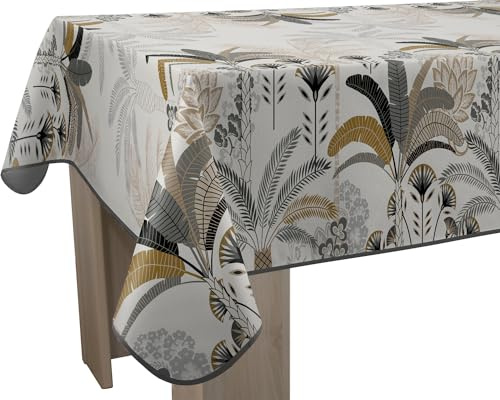 Le Linge de Jules Nappe Anti-Taches Palmiers - Rectangle 150 x 300 cm, Beige, Gris, Noir