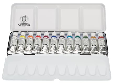 Schmincke – HORADAM® GOUACHE Farbkasten kompakter Metallkasten mit 12 feinsten, fabstarken Gouachefarben in 5 ml Tuben, 72716097, Malset