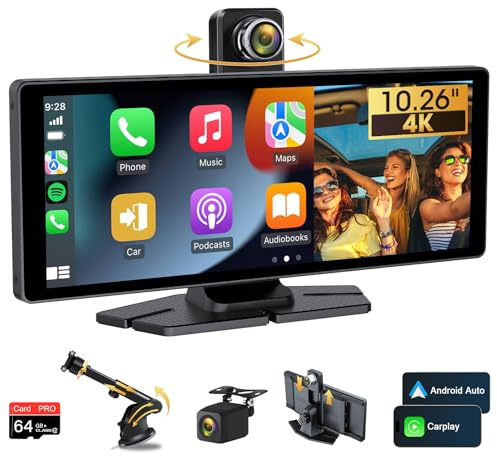 Vtopek 4K Dashcam Apple Carplay Display Carplay Android Auto Display 10,26-Zoll HD IPS Touchscreen Carplay Auto Radio Buddy Display mit Rückfahrkamera Dual-Bluetooth WLAN Mirror Link Siri 64GB-Karte