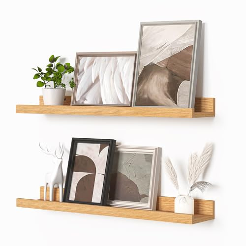 Heimlove Picture Ledge Shelf, Floating Shelves Set of 2, 24 Inches Picture Shelf for Wall with Ledge, Kids Bookshelf Wall Mounted for Living Room Bedroom Decor Books Photo Frames - Natural Oak