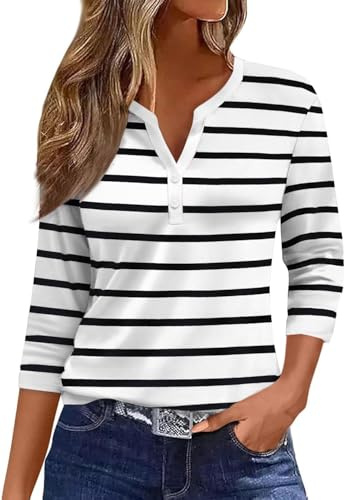 Yutila Camiseta Mujer Henley de Rayas, Manga Corta o 3/4 Disponibles, Top de Algodón Elegante con Cuello en V, Blusa de Moda,Suave y Transpirable