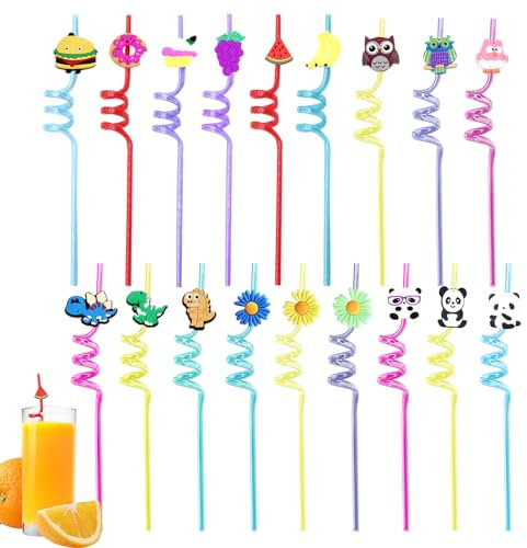 Tiuxiu 18 Stück Wiederverwendbare Trinkhalme, Strohhalme aus Kunststoff mit Einzigartigem Design und Multifunktionalität für Kinder, Party, Geburtstag, Hochzeit