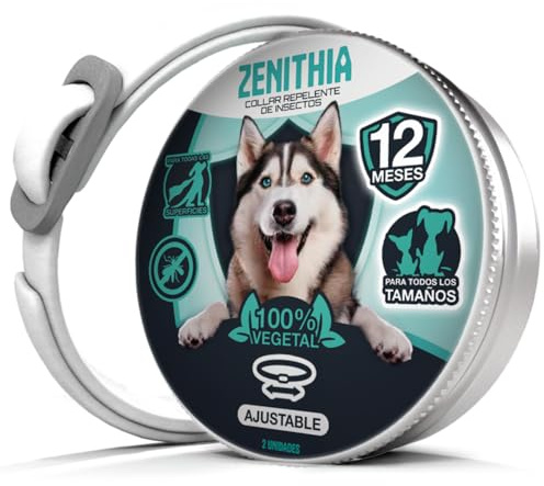 Zenithia Collar Repelente de Insectos, Antipulgas Perros, Garrapatas y Mosquitos, Collar Antiparasitario Perros-12 Meses Protección-65cm-Ajustable-100% Vegetal-Impermeable- 1 Und