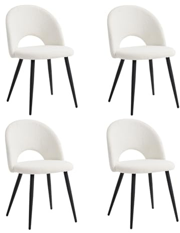 JZGORC Lot de 4 Chaise de Salle à Manger, Chaise de Salle à Manger Teddy en Velours Doux, Chaise de Cuisine avec Siège Moelleux et Accoudoirs, Pieds en Métal - Blanc