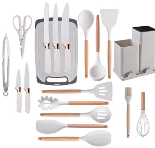Utensili Cucina Silicone,19 Pezzi Set Utensili Cucina,Set Mestoli Cucina,Set di coltelli da cucina,cucchiai,spatola,tagliere,pinza,pennello,secchio di stoccaggio (khaki)