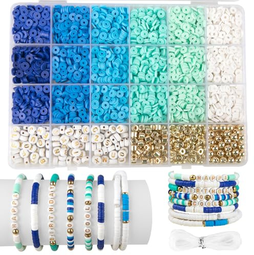 YumCuteKit för armbandstillverkning av lerpärlor, 3 000 st för smyckestillverkning, 6 färger lerpärlor, blå vänskapsarmband, platta pärlor för armband, halsband och örhängen