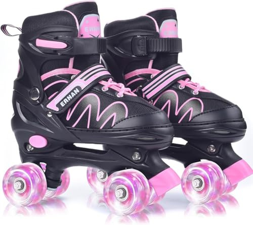 ERNAN Roller Enfant Filles et Garçons, Patins à Roulettes 4 Taille Réglable avec 8 Roues Lumineuses pour Débutants (Rose, S)
