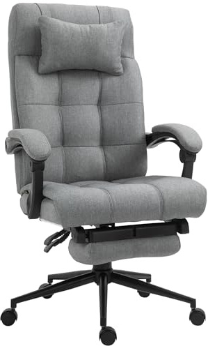 Vinsetto Silla de Oficina Reclinable Silla de Escritorio Giratoria Tapizado en Lino Sintético Altura Ajustable Reposapiés Reposacabezas y Reposabrazos Carga 150 kg para Estudio 66x76x112-120 cm Gris