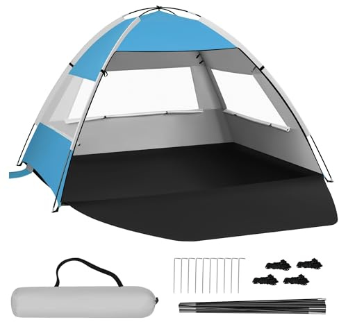 Laneetal Tente de plage anti-UV 50+, tente de plage portable pour 3 à 4 personnes, protection solaire, pare-vent, avec porte, fenêtres en filet, en barres en fibre de verre, 200 x 150 x 120 cm