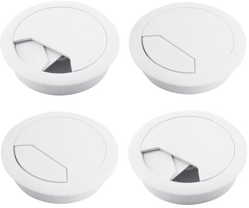 Juego de 4 Pasacables Redondos para Escritorio y Mesa, Tapa Pasacables de Plástico Blanco, Organizador de Cables, Diámetro 60 mm, Cubierta de Agujero para USB, PC, Computadora, Muebles y Pared, Ideal