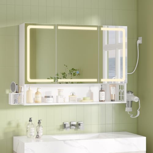 FORABAMB Armario Espejo Baño, Armario baño Pared con iluminación LED y Estación de Carga, Mueble Baño con Cesta de Almacenamiento y Estante Interior Ajustable, Tres Temperaturas de Color, 90x16x70 cm