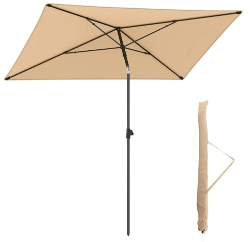 KOMFOTTEU Ombrellone da Spiaggia Rettangolare 213 cm, Inclinabile a 30°, Parasole da Esterno con Borsa per il Trasporto e Protezione UV, Ombrellone da Giardino, Balcone, Piscina (Beige)