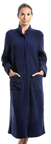 Camille Women's Super Soft Housecoat | Calf Length | Floral Luxury Button Dressing Gown | Long Sleeves & Front Pockets |Cosy Luxury | Warm, Comfy Home Loungewear | Navy Blue 20-22