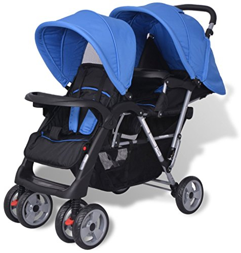 Festnight Geschwisterwagen Kinderwagen Geschwisterkinderwagen aus Stahl + Oxfordgewebe für 1-2 Kinder bis zu je 15kg - Blau und Schwarz