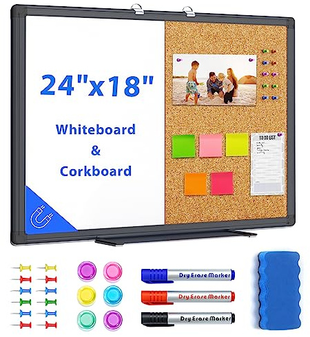 maxtek Combination White Board & Bulletin Cork Board 24 x 18 Whiteboard Magnetic, Combo Dry Erase Board with Black Aluminum Frame, 2' x 1.5' Hanging Message Board Wall Mounted for Homeschool Office