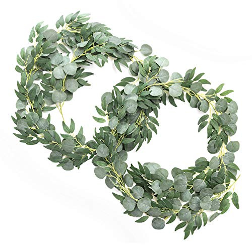 Ling's Moment Eucalyptus Garland for Table, 5.9ft Green Fake Eucalyptus Wreaths with Willow, 2pcs Real Touch Leaf Garland for Wedding Centerpieces Arch Rehearsal Dinner Bridal Shower