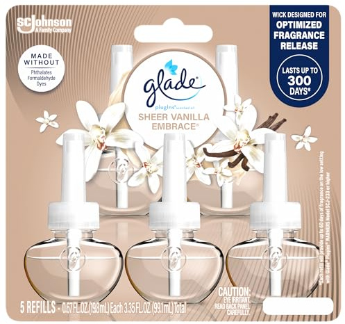 Glade PlugIns Refills Air Freshener, Scented and Essential Oils for Home and Bathroom, Sheer Vanilla Embrace, 3.35 Fl Oz, 5 Count