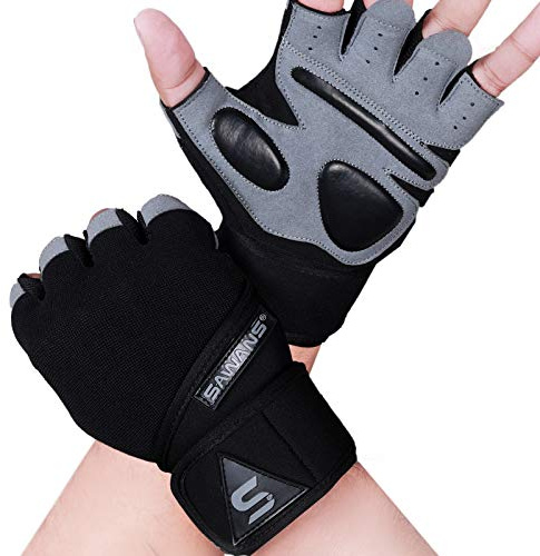 SAWANS Guanti da palestra per sollevamento pesi, per uomini e donne, supporto per il polso imbottito con presa extra per la protezione del esercizi fitness ciclismo (cinturino da polso lungo, L)