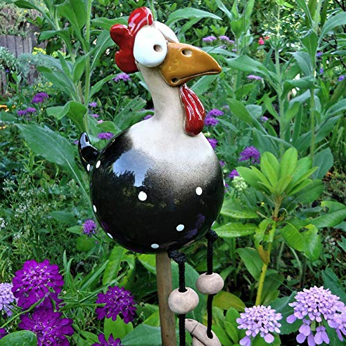errcom Keramik Huhn Gartendeko, Tierfigur Gartenstecker Handarbeit Ornament, Gartenstatue Dekorative Henne, Gartenfigur Dekoration