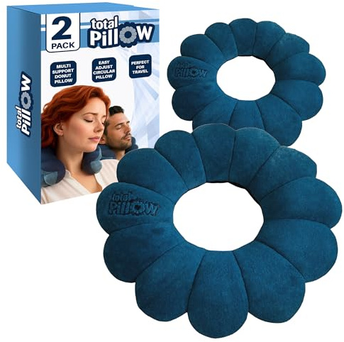 Total Pillow Lot de 2 oreillers en forme de donut pour avion et voyage, coussin de nuque confortable en microbilles pour cou, tête, dos, soutien lombaire et pelvien, pour de nombreuses positions, bleu