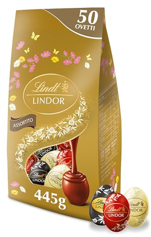 Lindt Bag Ovetti di cioccolato LINDOR Assortito Pasqua, Cioccolatini assortiti al Latte, Extra Fondente 70% e Bianco, in sacchetto maxi formato 445g