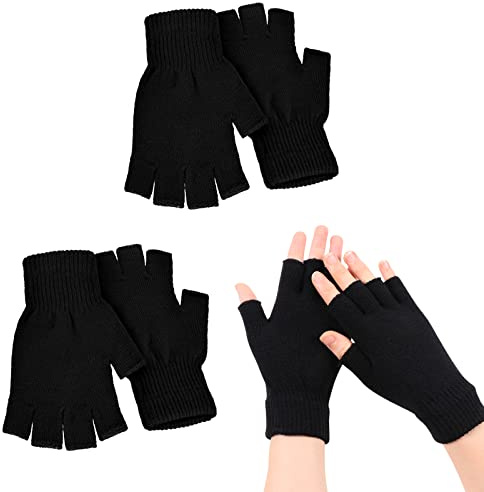 VEGCOO Mitaines Femme Homme, 2 Paires de Gants Tricotés Hiver Demi-doigt pour Femme et Homme (Noir*2)