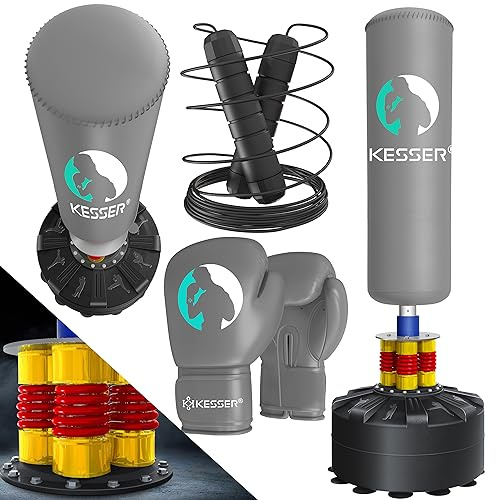 KESSER Ensemble sac de frappe debout pour adulte avec gants de boxe + corde à sauter, sac de kickboxing, sac de frappe sur pied, MMA, partenaires de boxe, entraîneur, fitness, sac de frappe avec